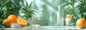 Verschiedene Supplements, Orangen und Pflanzen