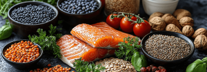 Gesunde Lebensmittel wie Lachs, Nüsse, Samen und Vollkorn
