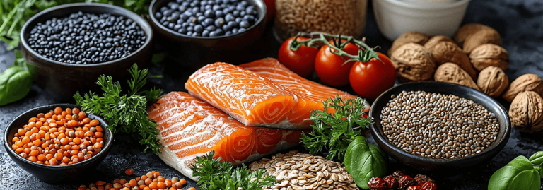 Gesunde Lebensmittel wie Lachs, Nüsse, Samen und Vollkorn