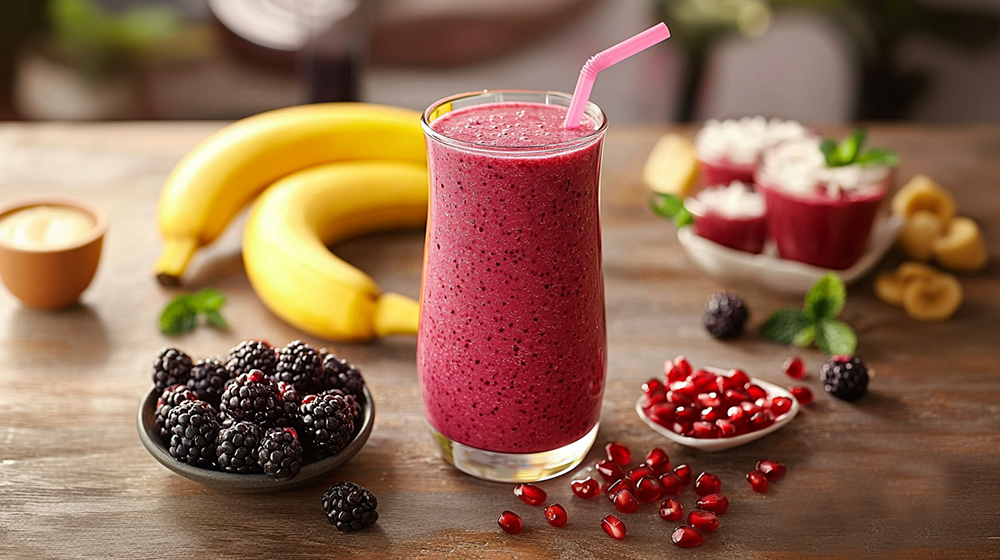 Eiin Glas mit einem Smoothie aus Beeren