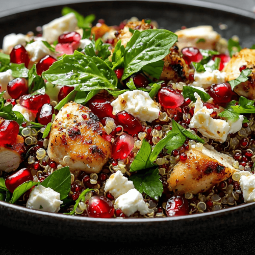 Ein Teller mit Mediterranen Hähnchen-Quinoa-Salat mit Granatapfel und Feta