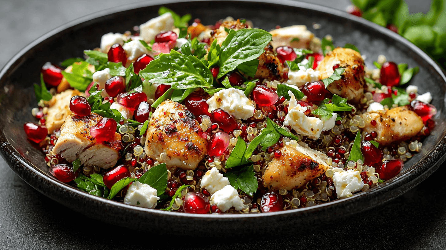 Ein Teller mit Mediterranen Hähnchen-Quinoa-Salat mit Granatapfel und Feta