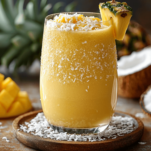 Ein Glas Smoothie mit Kokoss, Mango und Ananas