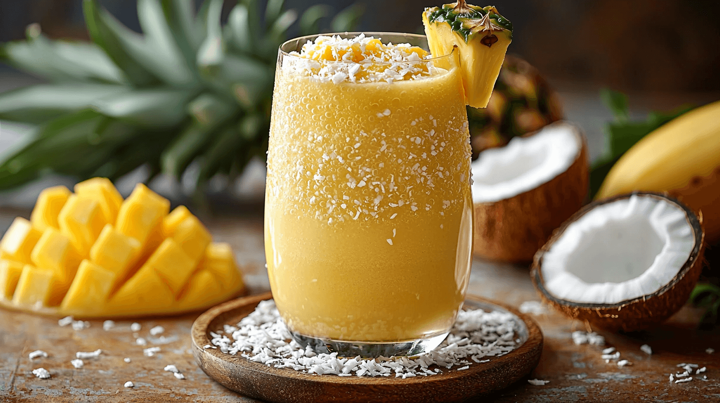 Ein Glas Smoothie mit Kokoss, Mango und Ananas