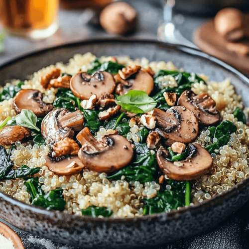 Pilz-Quinoa-Risotto mit Spinat und Walnüssen