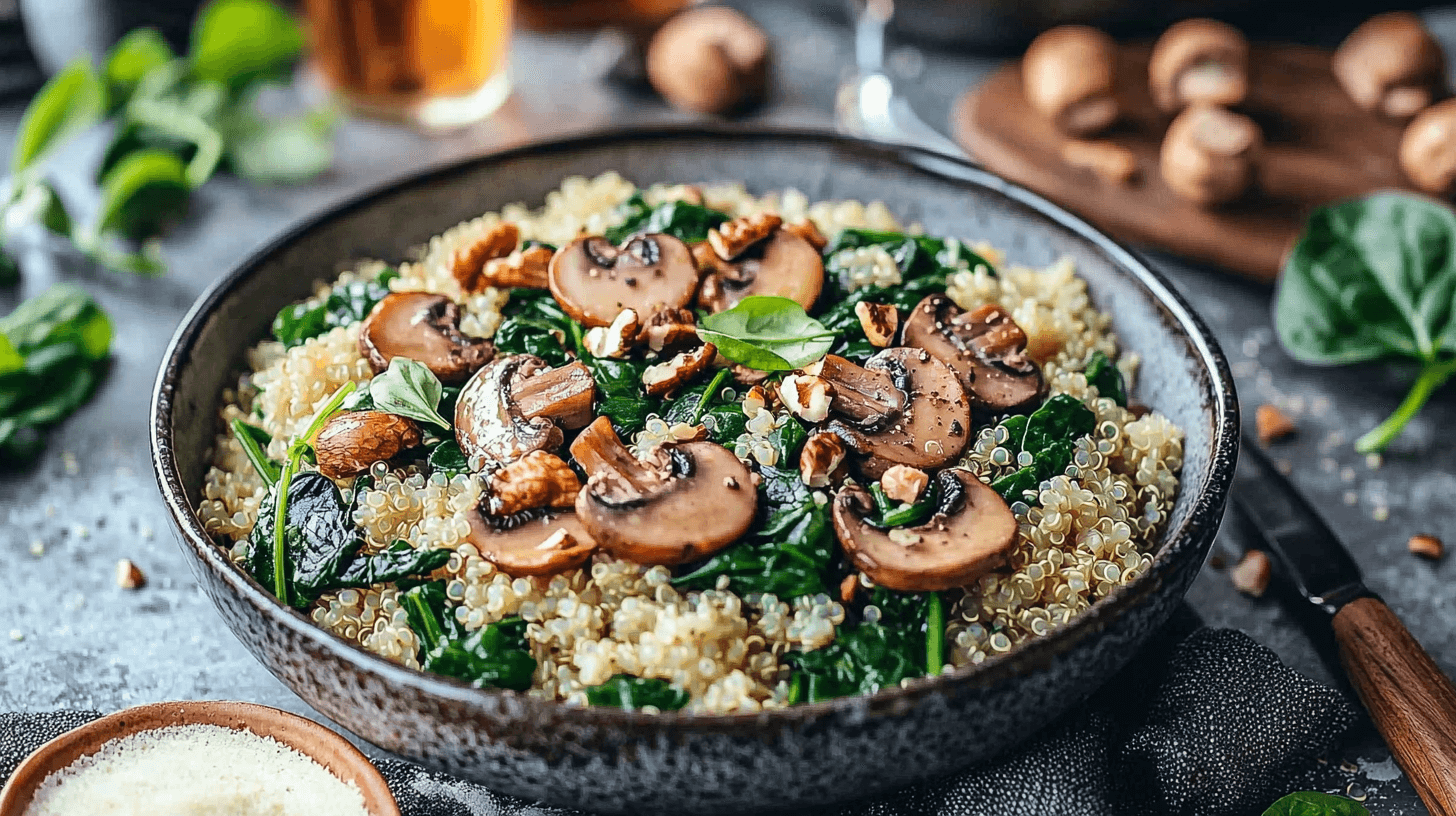 Pilz-Quinoa-Risotto mit Spinat und Walnüssen